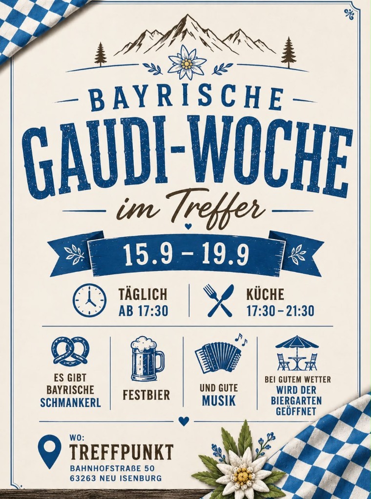 Flyer: Bayrische Gaudi-Woche vom 15. bis 19. September 2026 im Treffer Neu-Isenburg, täglich ab 17:30 Uhr