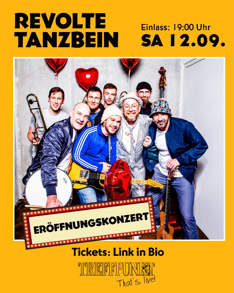 Flyer: Revolte Tanzbein Eröffnungskonzert am 12. September 2026 im Treffpunkt Neu-Isenburg, Einlass 19:00 Uhr